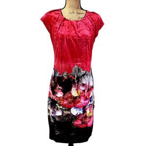 Didier Parakian Velour Dress SZ 6 Red Floral Knee Length Cap Sleeve Lined Italy